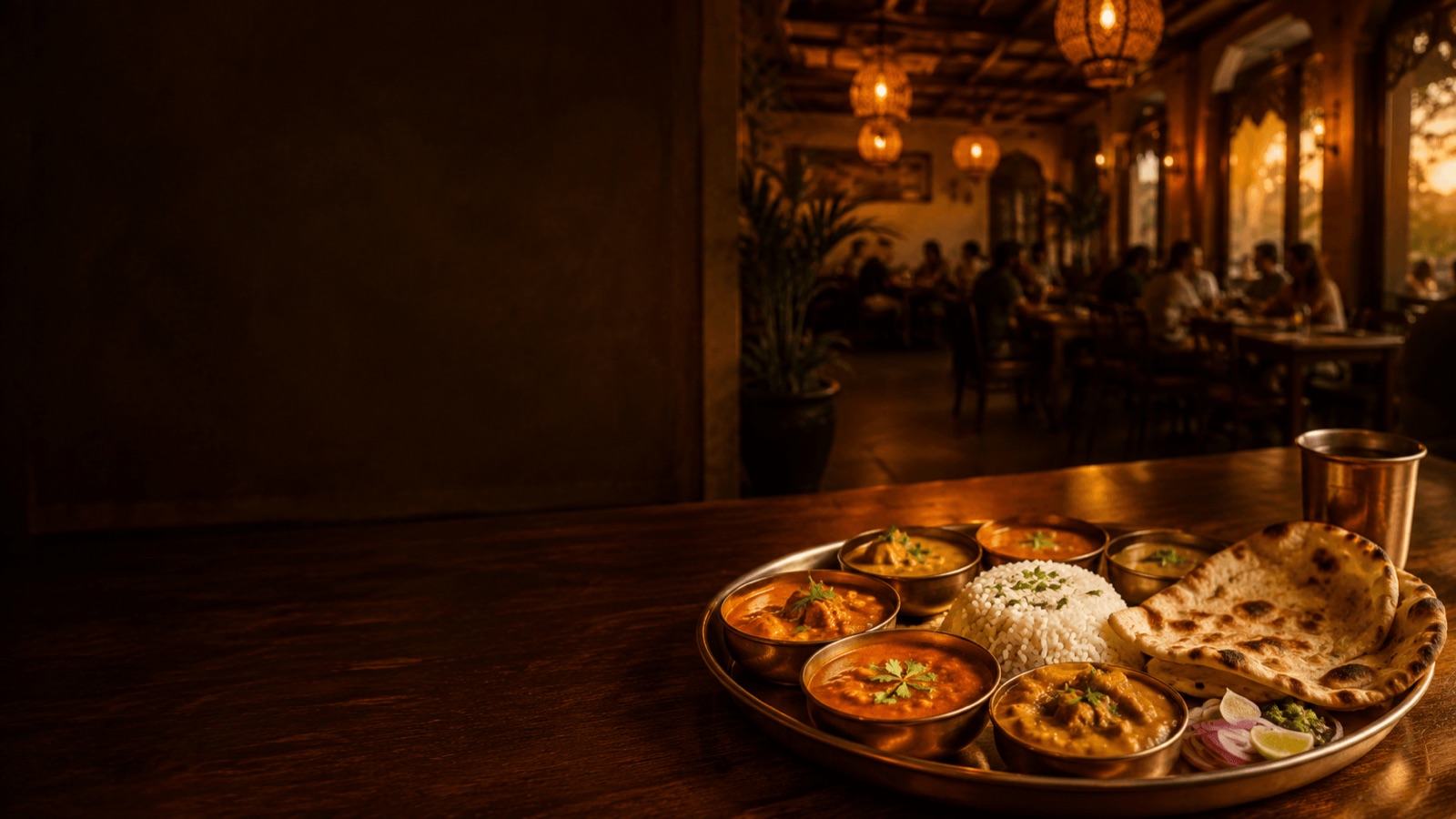 An Indian thali with rice, curries and naan in a warm restaurant setting